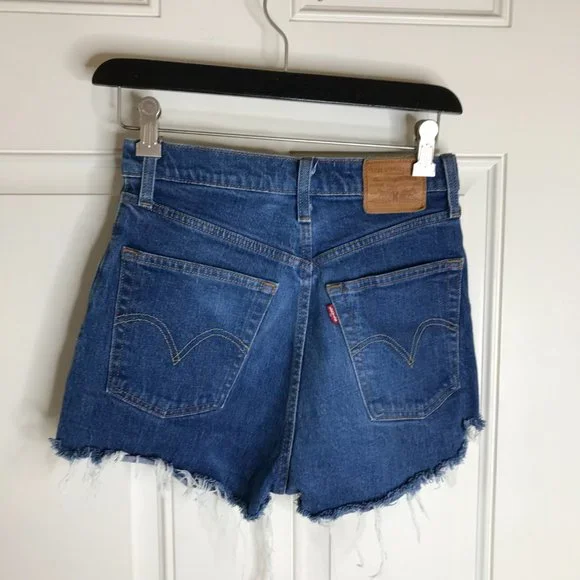 Levi's Womens Ribcage Straight Distressed Button Fly Jean Shorts Blue ~ Size 27 - Picture 3 of 4